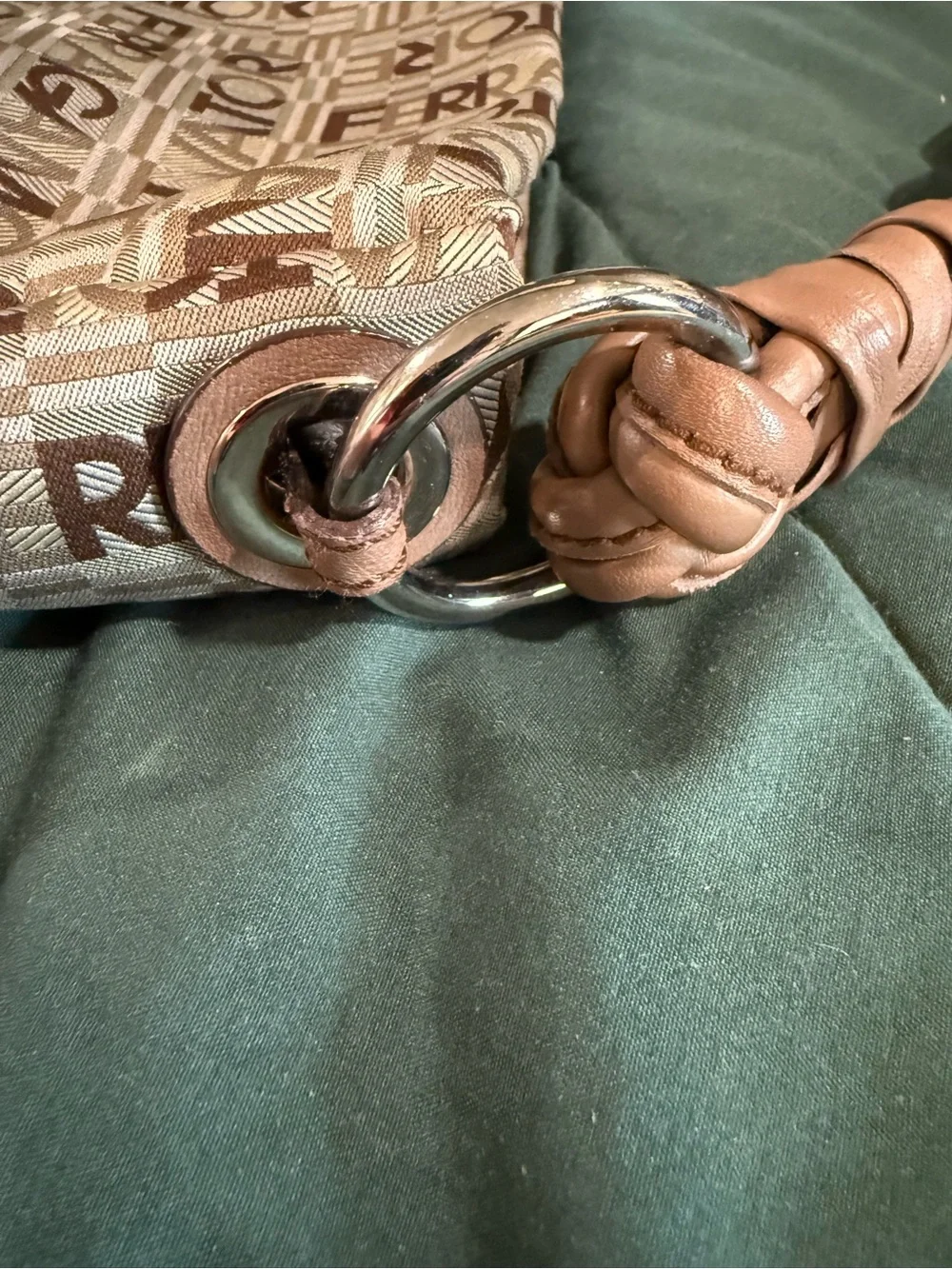 Salvatore Ferragamo Beige & Brown Logo Jacquard Shoulder Bag with Braided Strap
